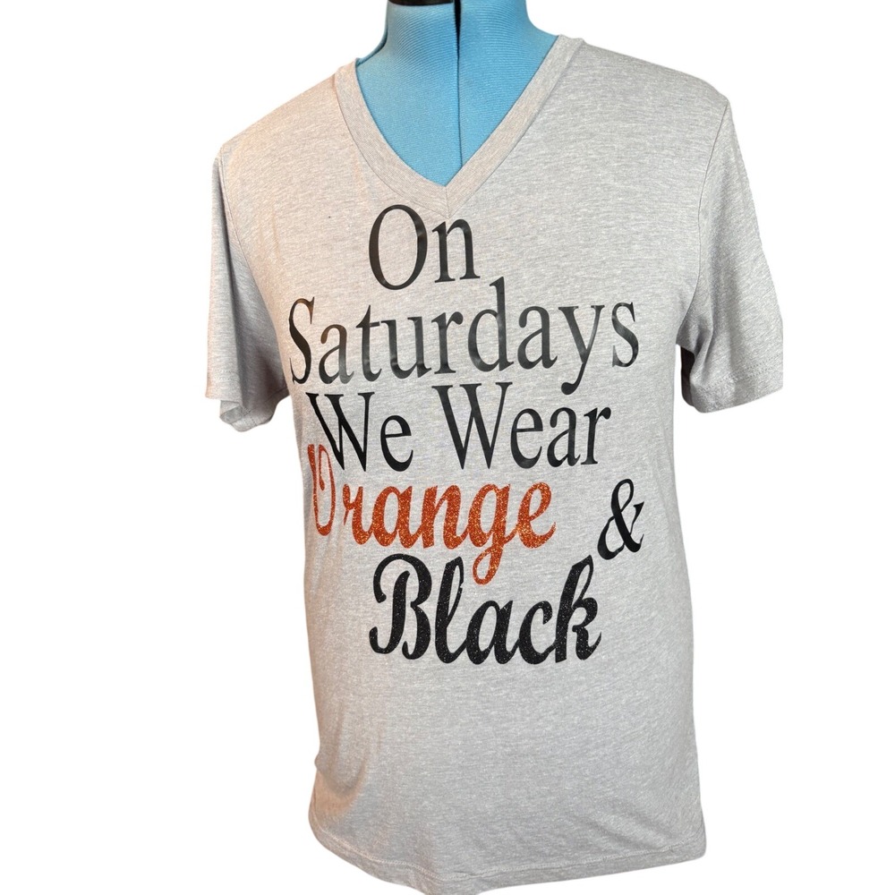 Bella Canvas Womens Gray V-Neck GraphicTee On Saturdays We Wear Orange & Black M